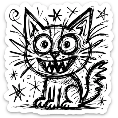 chaotic outlined icon of a cat with exaggerated, wild features sticker