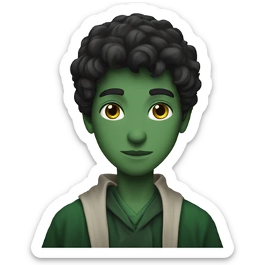 teenage white-skinned wizard with black hair, green eyes in dark green disguise sticker