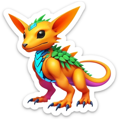 Tropical futuristic lush warm-colored modern colorful neon-colored cyber-Fakémon-Digimon-Trico-creature sticker