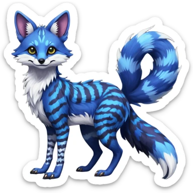 Feral floofy fluffy puffy furry Rare Fantasy vibrant dark shady shaded detailed deep-dark-cobalt-blue-gradients-colored colorful Vernid-Sergal-Genet-Trico-Fox-species by LiLaiRa, with dark-blackish points, white belly, random markings, tufted tail, tufted ears, full body sticker
