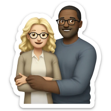40 year old man with blond hair and glasses hugs a 40 year old woman with dark hair sticker