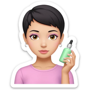 tan girl pink shirt with black hair & a pixie, cut no earrings, doing pastel colors skin care sticker