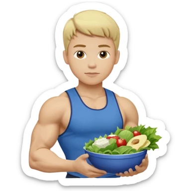 A young male person with a muscular, well-defined build. He has short blonde hair, a light skin tone, and a neutral facial expression. He wears blue cloth. He is holding a salad in one hand and a protein shake in the other. sticker
