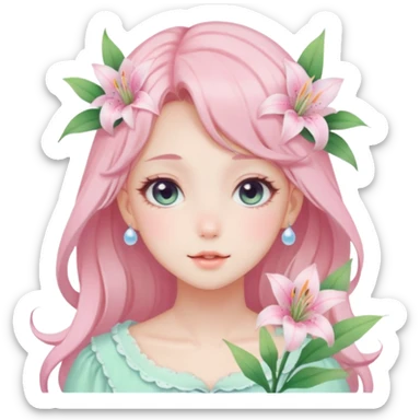 Gorgeous pastel anime style lady with blushing face and lilies cottagecore fairycore pastelcore colorful pearly romantic simplistic aesthetic trending style sticker