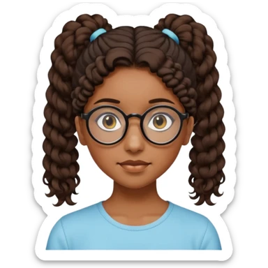 chica morena de ojos claros con gafas negras exagonales redondeadas. y pelo rizado castaño con todo el pelo recogido en una coleta .. Con todo el pelo recogido un clen look solamente una coleta tiene 16 años sticker
