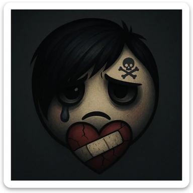 emo emoji, bandaged heart, dark colors, subtle skull or cross motif, emotional expression sticker