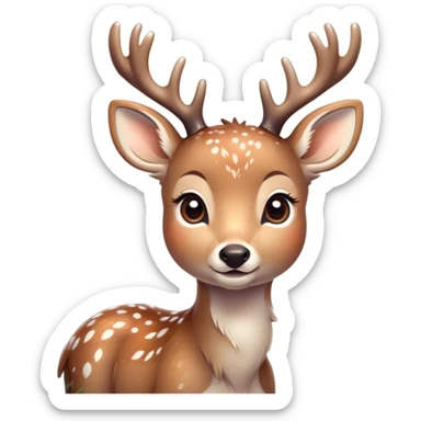 Cinematic Cute Deer Portrait Emoji, Head tilted playfully and inquisitively, showcasing a delicate Fur speckled with subtle white spots and gentle earth tones, round, sparkling eyes filled with curious wonder, Simplified yet irresistibly adorable features, highly detailed, glowing with a warm, friendly glow, high shine, affectionate and graceful, stylized with a touch of woodland whimsy, bright and endearing, soft glowing outline, capturing the essence of a mischievous yet loving fawn, so playful it feels like it could skip out of the screen into your arms! sticker