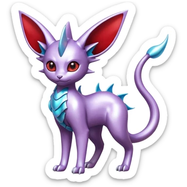 Mechanical Silvery Iridescent Miraidon-Espeon-Mewtwo-Vaporeon-Fakémon-hybrid-creature (full body)  with red eyes and intricate markings sticker
