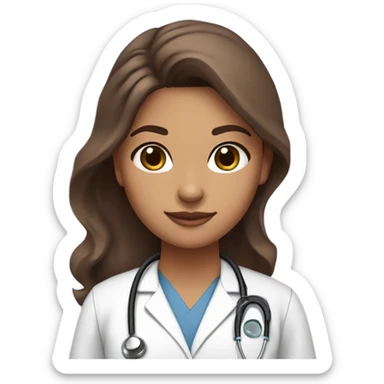 Tan skin color girl with dark brown eyes and long thick eyelashes. She has long brown wavy hair. She has a pink scrubs set on her as her clothes, with a pink stethoscope around neck.  sticker