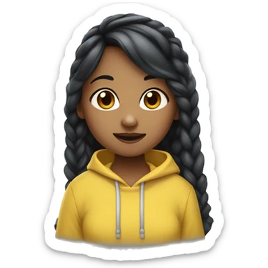 Girl wearing yellow hoodie with black hair (2 braids) and bangs eating blueberries. She is not black or white she is south Asian so light brown sticker