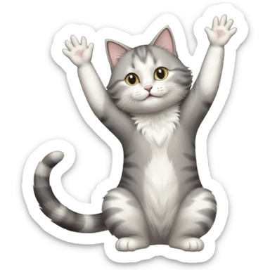 grey and white cat doing a big long stretch reaching up into the air with arms and legs side by side together sticker