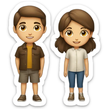 Gemelos Niño y niña de 8 años, niño pelo marrón claro liso y niña pelo marrón oscuro rizado sticker