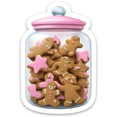 Realistic glass cookie jar with light pink lid full of gingerbread cookies isolated.  sticker