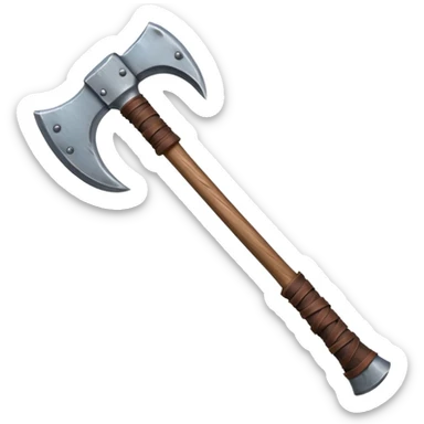 barbarian axe object icon, huge double-bladed axe, rough metal, wooden handle, leather wraps, fantasy style, 3D cartoon, mobile game icon style, centered, clean background, soft shadow, no text, no watermark
 sticker