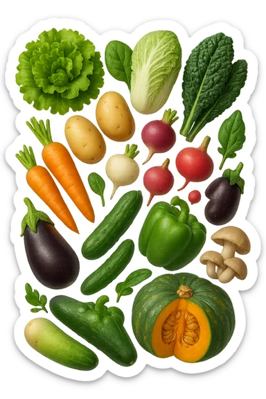 emoji stile iphone 3d di Lattuga, spinaci, cavolo cinese, cavolo nero
Patate, carote, rape, ravanelli
Melanzane, cetrioli, peperoni verdi
Funghi ostrica
Zucca kabocha
 che fluttuano in aria, iperealistico 4k sticker
