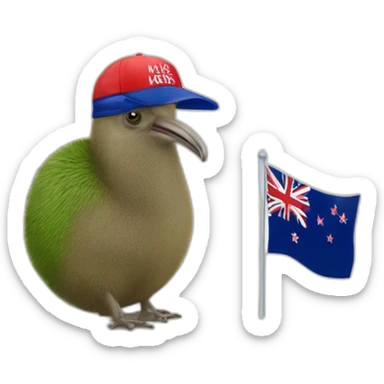 Kiwi wearing 'Make New Zealand Great Again' cap while next to flah sticker