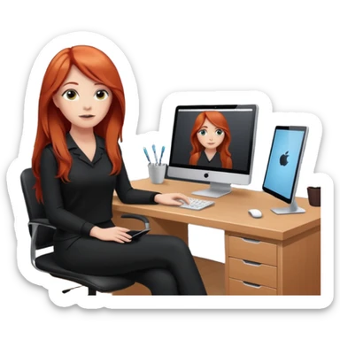 Video call therapy session: red-haired therapist with long hair wearing black minimalist clothing, seated in a professional home office, looking at the webcam; calm, modern teletherapy setting sticker