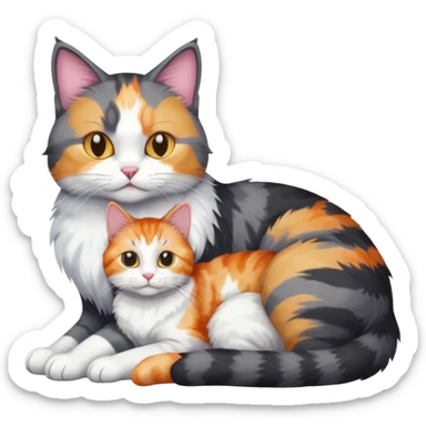 full body large dark grey and white cat cuddling a colourful light patched calico + white tabby cat  sticker