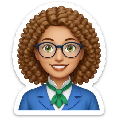 40 yr old Iranian woman, light brown very curly thick hair, shoulder length hair, green eyes, tan skin, big smile, big glasses, blue dress shirt with white cravat on neck sticker