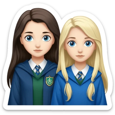a pretty ravenclaw girl with long dark brown hair and blue eyes standing with a pretty Slytherin girl with long blonde hair, blue eyes sticker