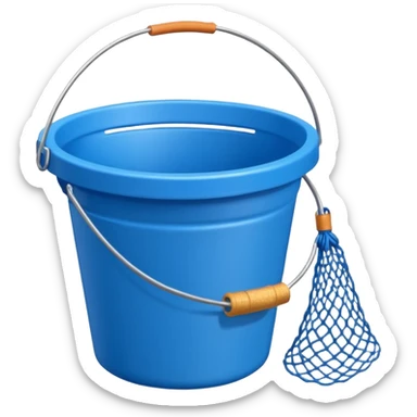 A small bucket with a fishing net leaning against it.
 sticker