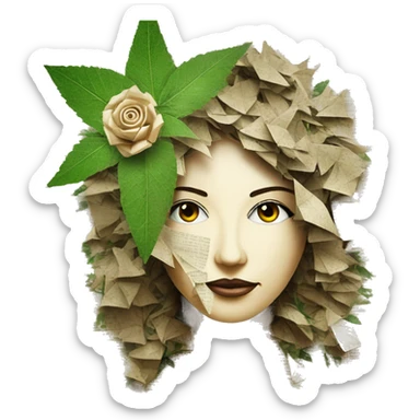  Photograph of Hemp 420 lady face made of 420 origami newspaper roses hemp leaves lantern fairy lights burning paper and hemp leaves in hair  sticker