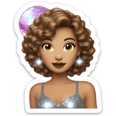 female with brown wavy hair dressed in a glitter dress and makeup, with disco ball sticker