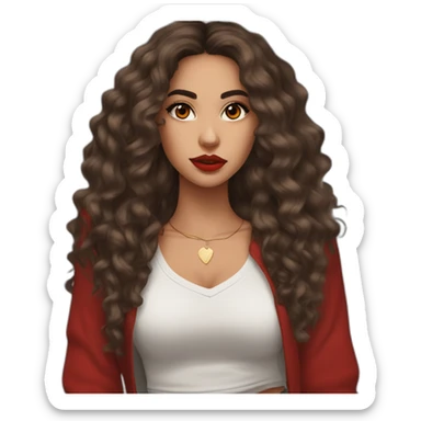 young moroccan woman with dark brown eyes, dark long curling hair, red lips, streetwear outfit sticker