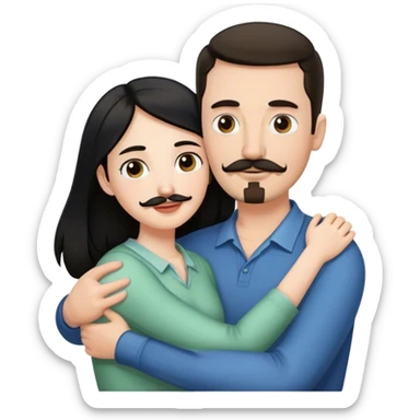 Tall white man with thin dark brown hair mustache and goatee hugging a short pale woman with long black hair sticker