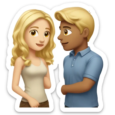 Create a kissing couple a guy with blond hair, a jock with short hair, sideways hair, a girl with honey-colored hair with styling, both have brown eyes sticker