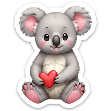 An anime-style koala sitting upright with a derpy, confused expression on its face. Its big round eyes are slightly crossed, giving it a spaced-out, clueless look. Its mouth is slightly open with a little string of drool dripping from the corner. The koala’s ears are fluffy and oversized, flopping a bit to the sides. Its head is slightly tilted as if it just forgot what it was doing. It's holding a small, bright red heart with both paws, but it's gripping it awkwardly, like it doesn’t really know why it’s holding it. The overall vibe is super goofy and adorable – a mix of innocent confusion and cartoonish charm. The background could be simple or dreamy, maybe with soft pastel colors or floating question marks around its head to add to the derpy atmosphere. sticker