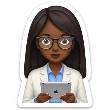 Yo, una chica de piel morena de pelo largo oscuro con lentes para ver, con la tablet trabajando  sticker