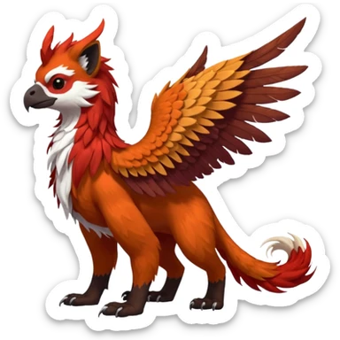 4-legged realistic scaly winged long-big-beaked Gryphon-Griffin-Griffsnuff-Talonflame-Silvally-Braviary-Red-Panda-fusion-hybrid-animal-Fakémon-creature, full body, with a long thin tufted lion-tail, long tufted winged feathery ears sticker