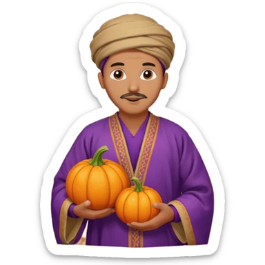 Tan Moroccan man sitting holding with pumpkin and purple grapes in countryside  sticker