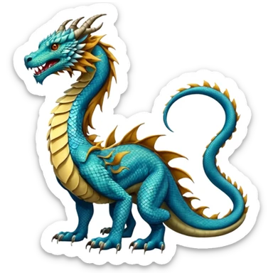 Mušḫuššu, official blueprint: long scaled dragon-serpent body, lion forelegs with feline paws, bird-like hind legs with talons, long neck, dragon head with horn or crest, lizard tail, blue or turquoise, lion-like mane, ancient and regal but terrifying sticker