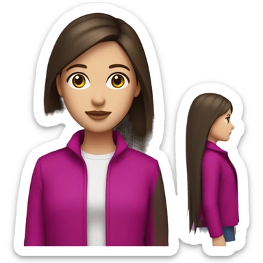 white girl with brown eyes, long straight dark brown hair, curtain bangs, and a magenta jacket sticker