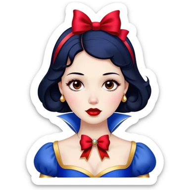 Cinematic Stunning Snow White Portrait Emoji, Fair skin glowing like porcelain, ruby-red lips, deep brown eyes full of kindness, raven hair framed by her iconic red bow, wearing her royal blue and gold gown, exuding timeless beauty and grace! sticker