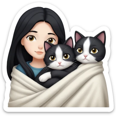 A girl with fair skin and long black hair wrapped in a blanket hugging a black and white cat sticker