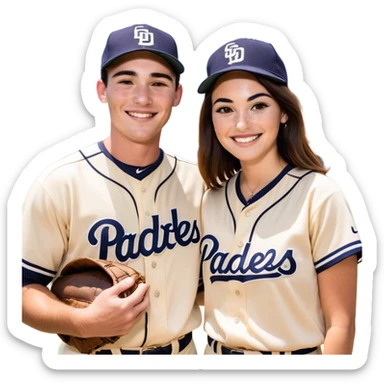 *White* Smiling couple. Woman has big cheeks and a lot of freckles on the nose. long brown hair. Man has black and very short hair and prominent eyebrows with egipcian nose. Both are wearing “Los Padres” baseball jerseys and with a sign that says “Go Padres!” sticker