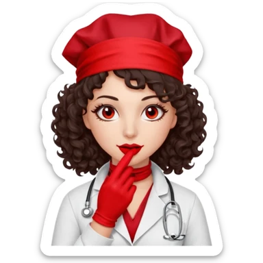 Lilith scalpel in hand, evil surgeon sexy surgeon clothes.  She has red eyes. Dark brown curly hair. Wears sexy doctor outfit with red gloves.covers her mouth necknose with red bandana to hide  her identity. Hair is long and brown sticker