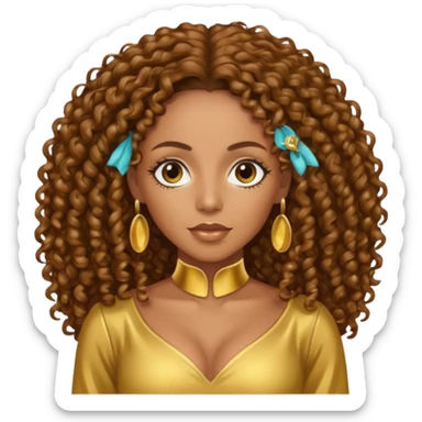 Melanie Brown with brown long curly hair, gold outfit sticker