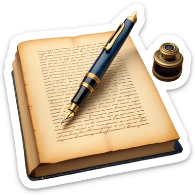 Create a vibrant emoji representing prose writing. The design should feature an open book with pages showing unfinished prose, a classic fountain pen or quill with black or dark blue ink, and an antique inkwell next to it. The pages should have visible lines of text, but some should remain unfinished, symbolizing the creative process. Use warm, earthy tones like brown, gold, and cream for the book and background, with the ink and pen in black or dark blue. The emoji should convey the idea of storytelling, creativity, and the unfinished nature of literary work. Make the background transparent. sticker