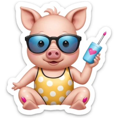 cute pig wearing  star-shaped sunglasses and polka dot bathing suit on all fours with nail polish, with a name tag saying hi my name is gerald sticker