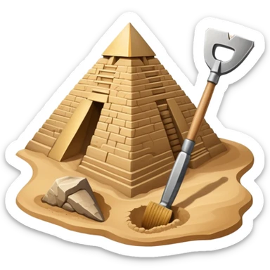 An icon showing archaeological tools like a trowel, brush, and pickaxe placed on sandy ground, with an Egyptian pyramid in the background. The design symbolizes excavation and discovery of ancient history, blending tools and iconic landmarks. Transparent background. sticker