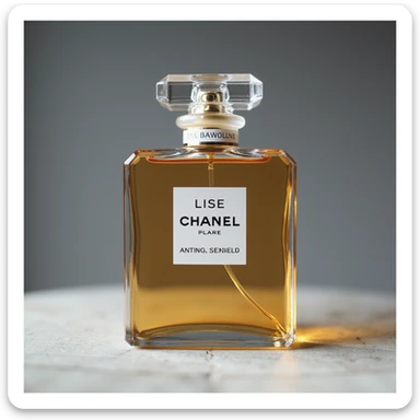 realistic Chanel perfume bottle, glass reflections, photorealistic style sticker