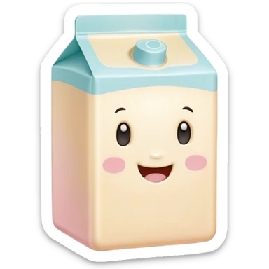 Cinematic adorable milk carton, soft pastel colors, tiny rounded edges, chubby smiling face, warm glowing highlights, gently tilting in a playful pose. sticker
