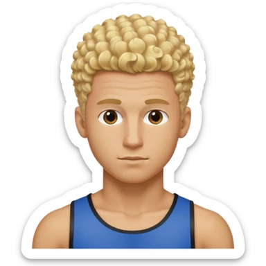 Athletic man with blond curly hair, straight on sides, thick neck, high top fade with no part, no shirt and show abs sticker