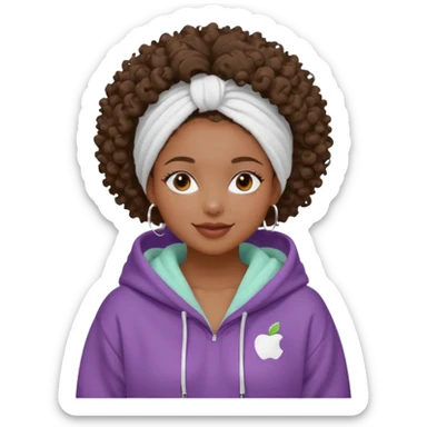 Black girl, clean girl aesthetic, 4C curly hair in a puff, pastel hoodie, white sneakers, minimal jewelry, soft smile, cozy vibe, bright colors, Apple-style White clay mask  towel on My head sticker