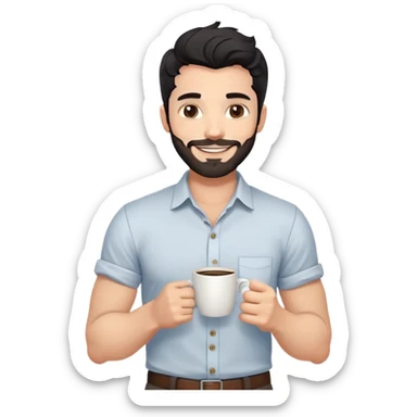 Casual portrait of a 35-year-old man with black wavy hair, stubble, strong jawline, white skin tone, wearing casual button-up shirt with rolled sleeves, holding coffee cup, friendly approachable smile, relaxed confident pose for social media sticker