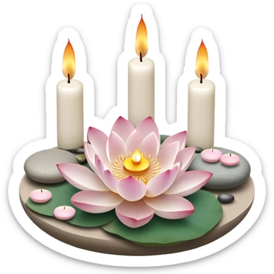 A photorealistic icon featuring lotus flowers, burning incense sticks, smooth round sea stones, and multiple small round candles arranged in a calming, tranquil setting. Soft, peaceful colors with detailed textures that evoke mindfulness and inner peace. Transparent background. sticker